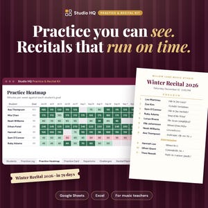 May include: A Studio HQ Practice & Recital Kit digital dashboard featuring a practice heatmap with student data and a Winter Recital 2026 programme list. The interface includes text reading Practice you can see. Recitals that run on time. and Winter Recital 2026 - in 79 days.