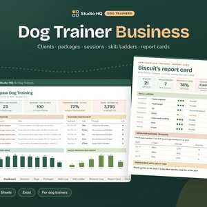 Dog Trainer Business Spreadsheet, Dog Training Client Tracker, Session Packages, Skill Progress Report Card, Google Sheets Excel