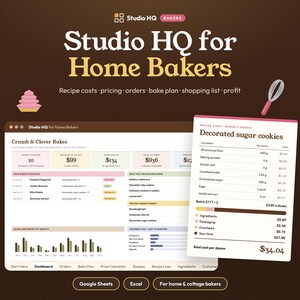 Home Bakery Pricing Spreadsheet, Recipe Cost Calculator, Bakery Order Tracker, Bake Plan and Shopping List, Google Sheets Excel