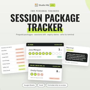 Personal Trainer Session Package Tracker, Sessions Left and Expiry, Google Sheets Excel Template (Digital Download)