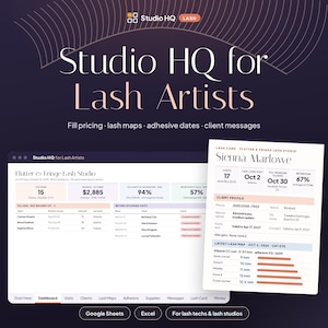 以下が含まれることがあります： Studio HQ for Lash Artistsというタイトルのデジタルダッシュボードインターフェース。ビジネス指標、顧客プロファイル、まつげマッピングデータが表示されています。レイアウトには、充填価格、接着剤の日付、顧客メッセージの表が含まれており、整理された構成になっています。