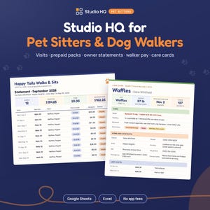 Puede incluir: Un panel digital para cuidadores de mascotas y paseadores de perros llamado Studio HQ, que muestra dos documentos: un estado de cuenta de Happy Tails Walks & Sits de septiembre de 2026 y una tarjeta de cuidados de Waffles con datos y contactos.