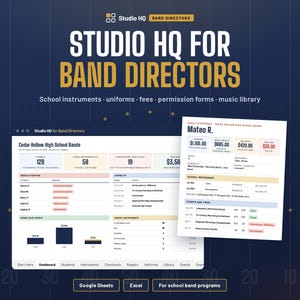 May include: A digital dashboard interface titled Studio HQ for Band Directors, displaying data for Cedar Hollow High School Bands including student counts, financial summaries, and a student profile for Mateo R. with instrument and event details.