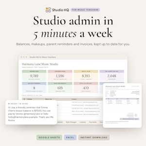 Puede incluir: Un panel digital para profesores de música llamado Studio HQ, con una interfaz de gestión que muestra ingresos, gastos y beneficios, una lista de tareas, un recordatorio de pago y una plantilla de factura para Harmony Lane Music Studio.
