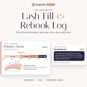 Lash Fill & Rebook Log, Lash Map Client Cards, Google Sheets Excel Template (Digital Download)