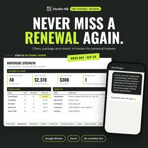 Peut inclure: Un tableau de bord numérique pour entraîneurs personnels intitulé Studio HQ, comprenant un suivi des clients, des forfaits et des enregistrements. L'interface affiche des données financières, le nombre de séances et un radar de renouvellement.