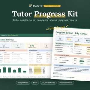Può includere: Un modello digitale di kit di progresso per tutor con un'interfaccia dashboard e un documento di rapporto sui progressi. La dashboard mostra le metriche degli studenti, la padronanza delle competenze e i dati sui compiti, oltre ai commenti del tutor.