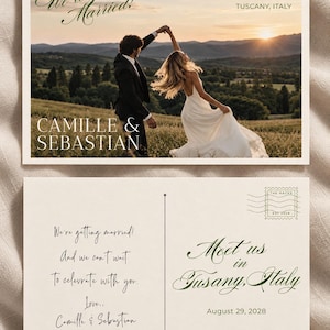 May include: A rectangular wedding save-the-date postcard featuring a photo of a couple dancing in a field at sunset with the text We're Getting Married!, Camille & Sebastian, 08.29.2028, Tuscany, Italy, and a reverse side with event details.