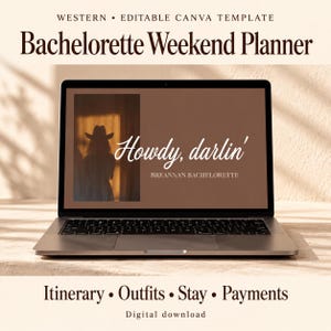 May include: A laptop screen displays a digital bachelorette weekend planner template with the text Western, Editable Canva Template, Bachelorette Weekend Planner, Howdy, darlin', Breanna's Bachelorette, Itinerary, Outfits, Stay, Payments, Digital download.