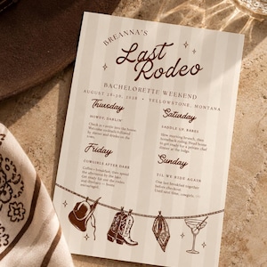 May include: A rectangular event itinerary card with a cream and white vertical striped background. The text reads Breanna's Last Rodeo Bachelorette Weekend, August 28-30, 2028, Yellowstone, Montana, with a schedule for Thursday through Sunday.