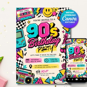 May include: A 90s birthday party invitation template featuring vibrant neon graphics including a cassette tape, handheld game console, boombox, roller skate, and smiley face. The text reads 90's Birthday Party, Let's Take It Back To The 90s, with placeholders for date, time, location, and RSVP details.