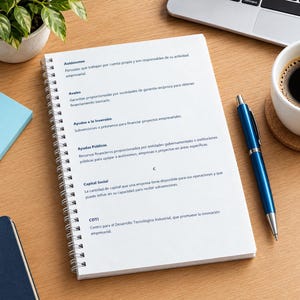 Könnte beinhalten: Ein weißes Notizbuch mit Spiralbindung und aufgedruckten spanischen Geschäftsbegriffen wie Autonomos, Avales, Ayudas a la Inversion, Ayudas Publicas, Capital Social und CDTI, begleitet von einem metallisch blauen Kugelschreiber auf einem Holztisch.