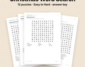 Christmas Word Search Printable, 12 Puzzles Easy to Hard | Answer Key, Kids & Adults (PDF)