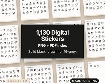 Digital Planner Stickers | 1,130 Greyscale Icons A-Z, PNG (Instant Download)
