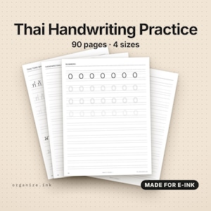 Peut inclure: Un ensemble de feuilles d'entraînement à l'écriture thaïlandaise blanches comprenant 90 pages et 4 tailles. Les pages affichent du texte noir, dont Thai Tone Marks, Handwriting et Numbers, avec des lignes pointillées pour le traçage.