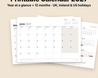 Printable Calendar 2027, Year at a Glance + Monthly | UK, Ireland & US Holidays (PDF)