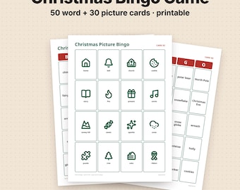 Christmas Bingo Game, Printable | 50 Word + 30 Picture Bingo Cards, Family Party Game (PDF)
