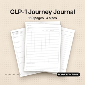Può includere: Un diario di viaggio GLP-1 da 150 pagine in 4 formati, composto da fogli di carta bianca con testo nero. Le pagine includono un registro delle dosi con colonne per data, ora, farmaco, dose, sito e sensazioni, oltre a note a righe.