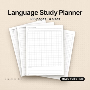 May include: A Language Study Planner with 136 pages and 4 sizes, featuring white paper sheets with black grid lines and text headers including Sentence Mining, Review Schedule, and Hangul Practice. The bottom corner displays Made for E-Ink.