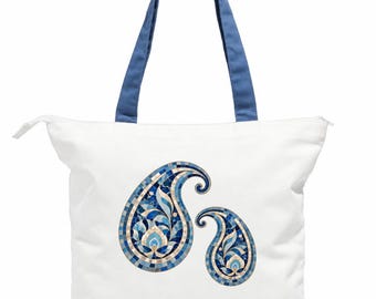 Persian Paisley Canvas Tote Bag with Zipper | Blue & White Cotton Shoulder Bag | Mosaic Boteh Jeghe Design | Unique Gift for Her
