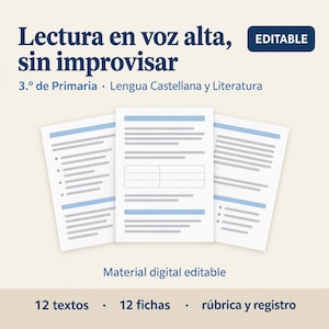 Könnte beinhalten: Digitales Bildungsdokumentenset mit dem Titel Lectura en voz alta, sin improvisar für die 3. Klasse. Enthält 12 Texte, 12 Arbeitsblätter, eine Rubrik und ein Register. Das Layout zeigt drei weiße Seiten mit blauen Akzenten.