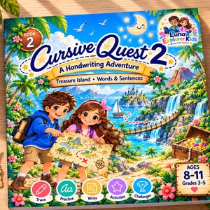 May include: A Cursive Quest 2 A Handwriting Adventure book cover featuring a tropical island illustration with two children holding a treasure map, a sailboat, a waterfall, and a treasure chest. The text includes Book 2, Luna Explorer Kids, and Ages 8-11.
