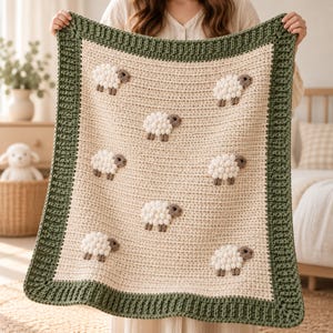 May include: A rectangular crochet blanket featuring a cream-colored center with seven textured white sheep motifs. Each sheep has a dark brown face and legs. The blanket is finished with a wide, ribbed dark olive green border.