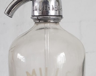 Antique Vintage C. Miller Carbonated Water Seltzer Bottle Soda Water Seltzer Water Bottle Siphon Bottle Newark N.J. Clear