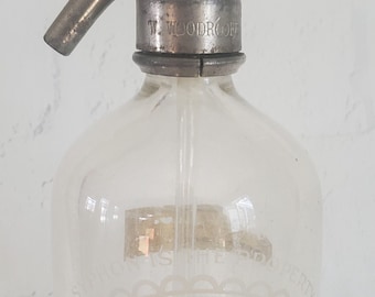 Antique Vintage W Woodroofe  Seltzer Bottle Soda Water Seltzer Water Bottle Syphon Bottle Norwood S.A. Clear, British Siphon Co.