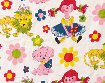 Vintage, 1960's, Raggedy Ann fabric, Floral, Girl's Room, 2-curtain panels each measures 42 inches wide by 78 inches long or 2.1 yard
