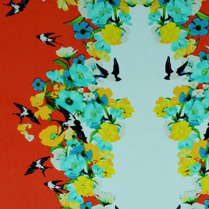 Beautiful Vintage Floral and Birds Fabric, Silky Triacetate, Red, White, Green, Yellow, Blue, Black, Fashion and Apparel Fabric