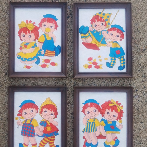 Vintage Raggedy Ann and Andy Children's Nursery Prints on Felt, Set of Four, Plastic Frames, Pictures by Nu-Dell plastics Chicago, 1970's