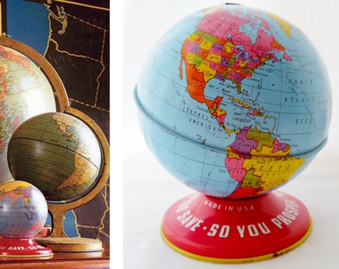 Ohio Art, World, Globe, 1945, World Bank, Bank, Tin Globe, 4, World Globe, Vintage, Made in USA