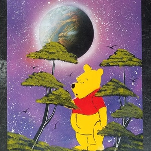 Vintage Winnie the Pooh Original Art Painting, 1998, Tourist Art, Souvenir Art, Pooh Bear Purple, Yellow, Red, Green, S Alfredo  Cancun