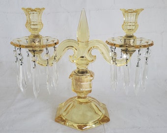 Vintage Heisey Sahara Old Williamsburg 2-Lite Candelabra, In Canary Yellow