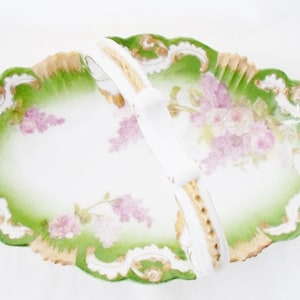 Antique Limoges France Gold Gilt Handled Porcelain Dish, Green, Flowers, Lilac, Pink, Vintage, Cottage Chic, Shabby Chic