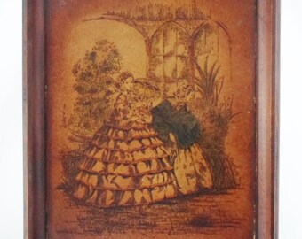 Print, Framed, Victorian, Vintage, Wall Hanging, Lady, Garden, Parasol, Gone With The Wind Dress, Art, Litho, Hand Colored, Brown, Antique