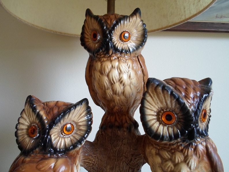 Vintage Owl table lamp with shade Very Retro Three owls Etsy