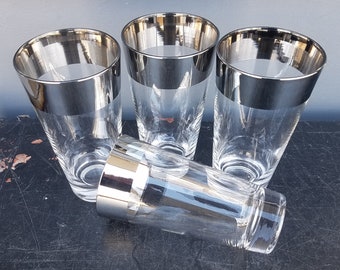 Vintage Mid-Century Modern Dorothy Thorpe style silver overlay "Tom Collins'" cocktail glasses, Barware, Glassware, Set of 4 Glasses