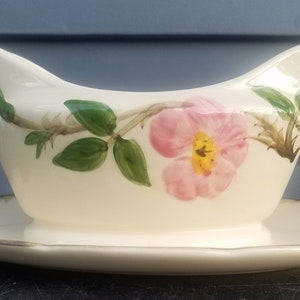Vintage 60&#39;s Franciscan Desert Rose Gravy Boat with Attached Underplate, Dinnerware Made in USA, Hand Decorated  Embossed Earthenware