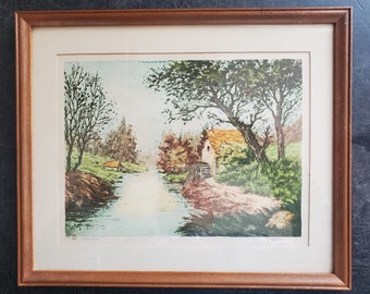 Vintage Landscape Lithographic Print, Framed 1950's