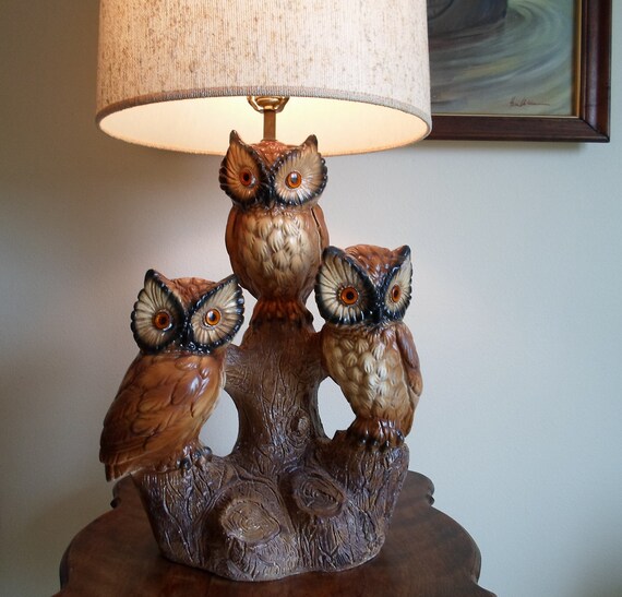 Vintage Owl table lamp with shade Very Retro Three owls Etsy