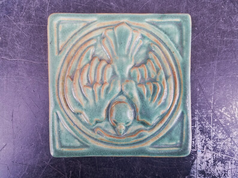 Vintage Pewabic Tile Robin Bird In Green Matte Glazed 1997 Detroit Pottery 5 3 4 By Arts And Craft Mission Style