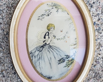 Vintage Small lithograph Print of a Young Lady in Spring with Birds