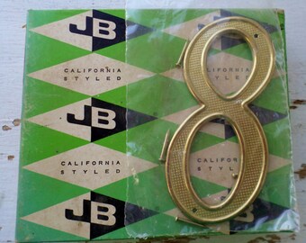 Vintage, Jaybee, House Number, 8, Eight, California Styled, 4", 4408-03-01 Solid Polished Brass Non-Rusting, New Old Stock, Made in USA