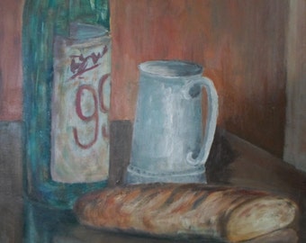 Oil, Painting, Still Life, Signed, Original, Vintage, Art, Framed, On Canvas, Bread, Wine, Orange, Red, Green, D Reed