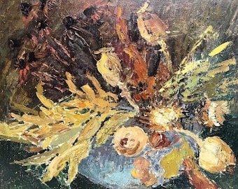 Framed Signed Mid Century Oil on Canvas Floral Still Life Painting - Listed Polish Artist Hanna Wisniewska, Hanna Okinska-Wisniewska