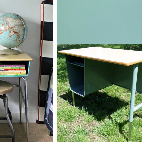 School, Desk, Child's, Mid Century Modern, Turquoise, End Table, Night Stand, Table, Bar, Retro, Vintage