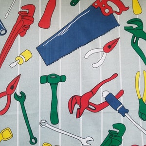 Vintage Kids Room Curtains, Large Print Carpenter Tools, Hammer, Screwdriver, Pliers, Hand Saw, Builder, Bob the Builder Handy Andy Style