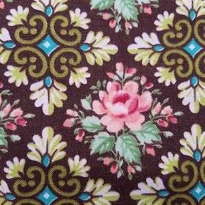 Vintage Floral Geometric Fabric, Pink Roses on a Dark Brown Background Floral, Pink, Aqua, Green, Drapery, Pillow, Upholstery Fabric